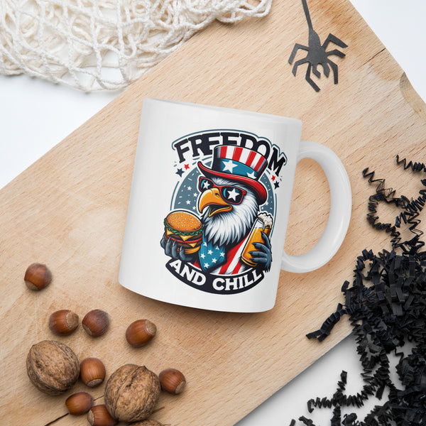 Freedom and Chill White glossy mug